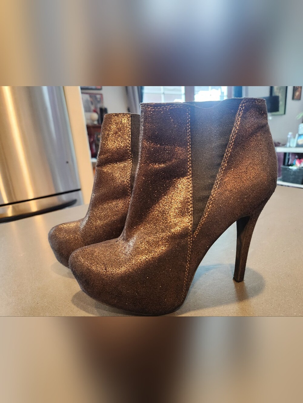 Women's Glitter High Heel Ankle Boots - Brown/Gold